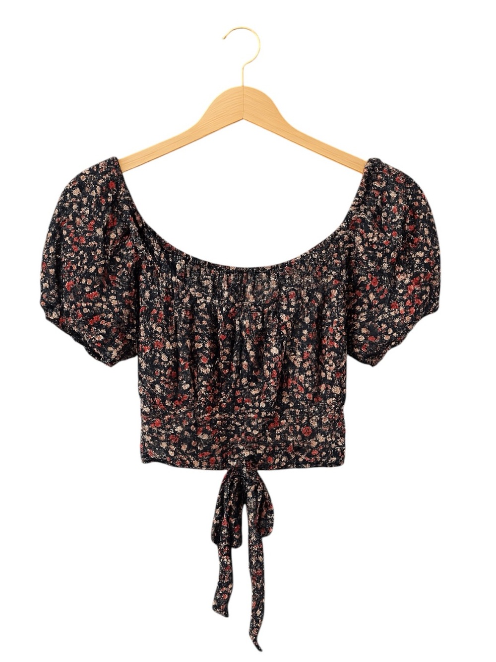 Women’s Floral Puff Sleeve Tie Back Crop Top Cottagecore Boho Garden Size L